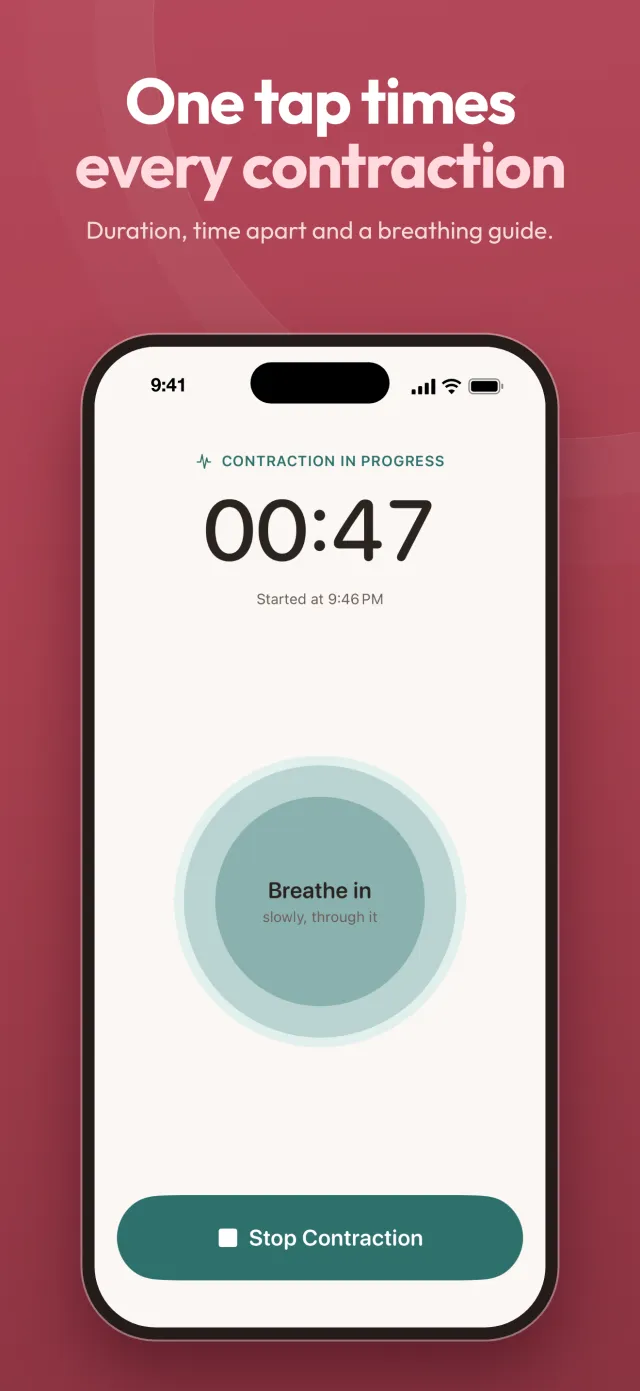 Contraction in progress with a live timer and a breathing animation