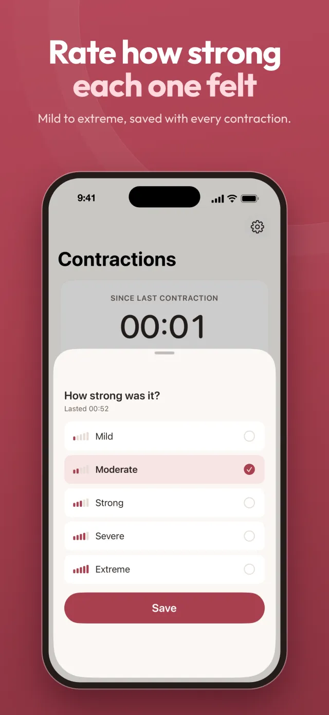 Rating how strong a contraction felt, from mild to extreme