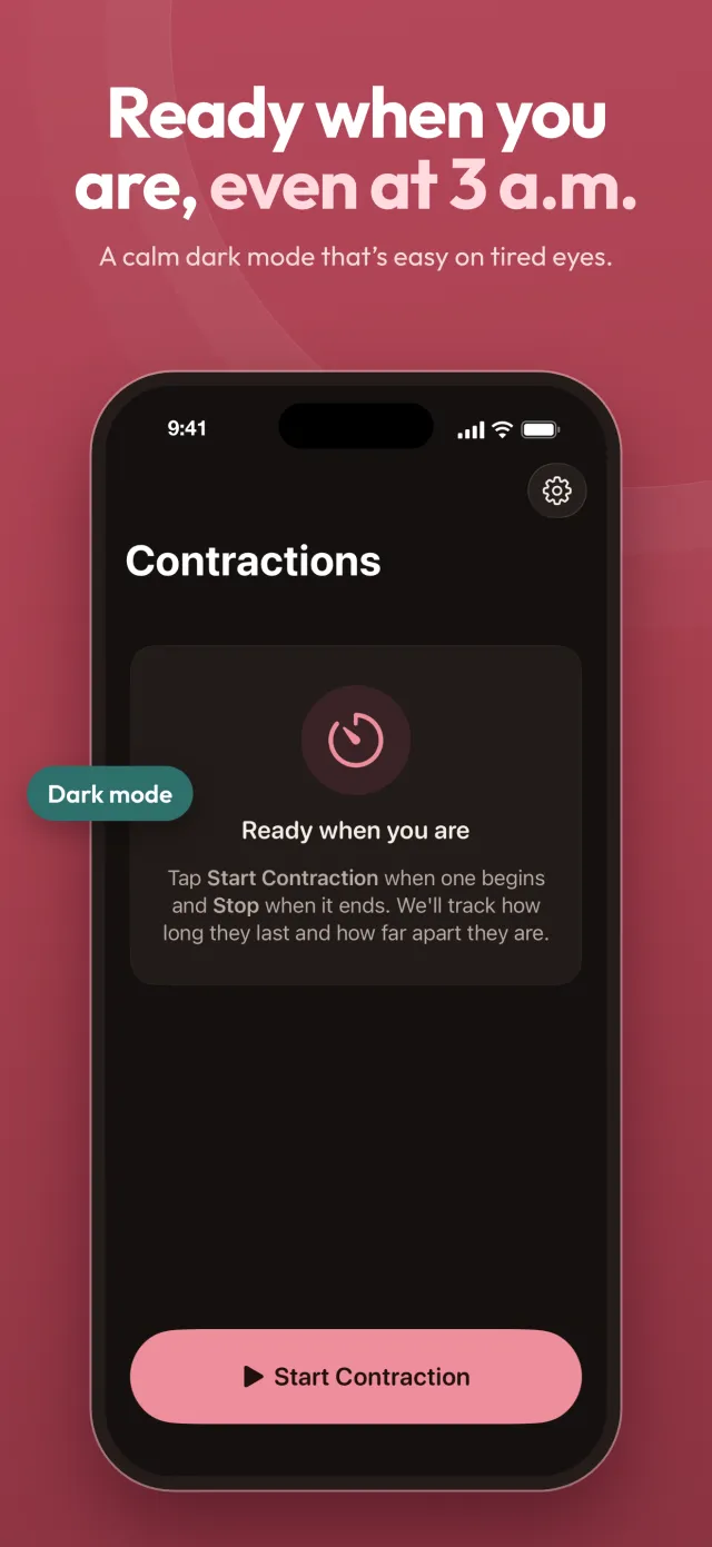 Contraction timer in dark mode, ready to start