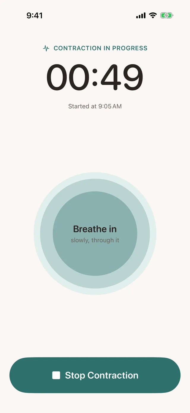 Contraction in progress with a live timer and a breathing animation