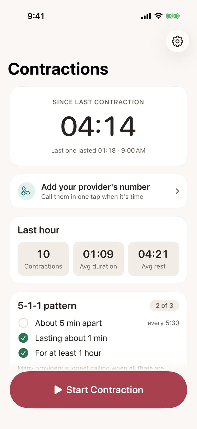 Time since the last contraction, last-hour summary and 5-1-1 pattern card