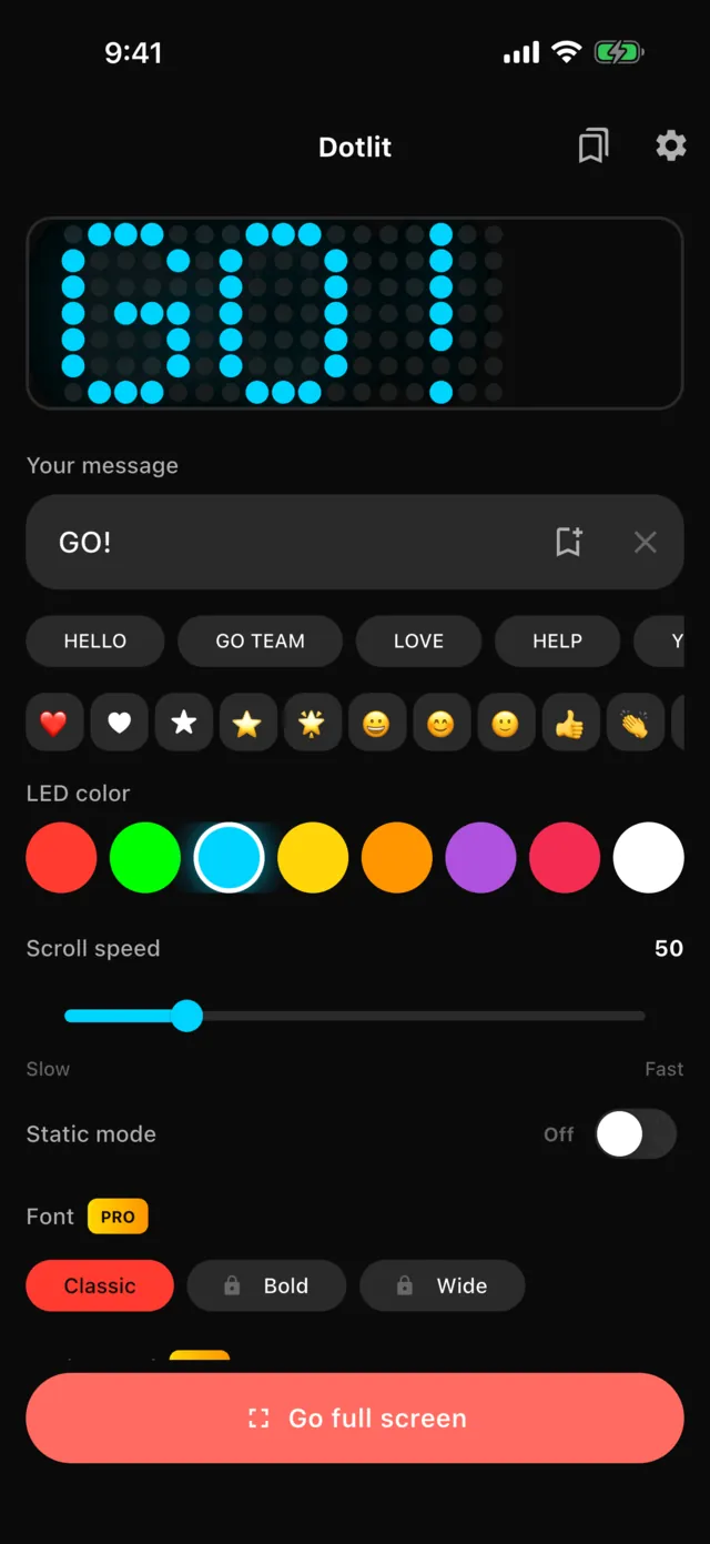 Dotlit editor with an LED message and 12 colors