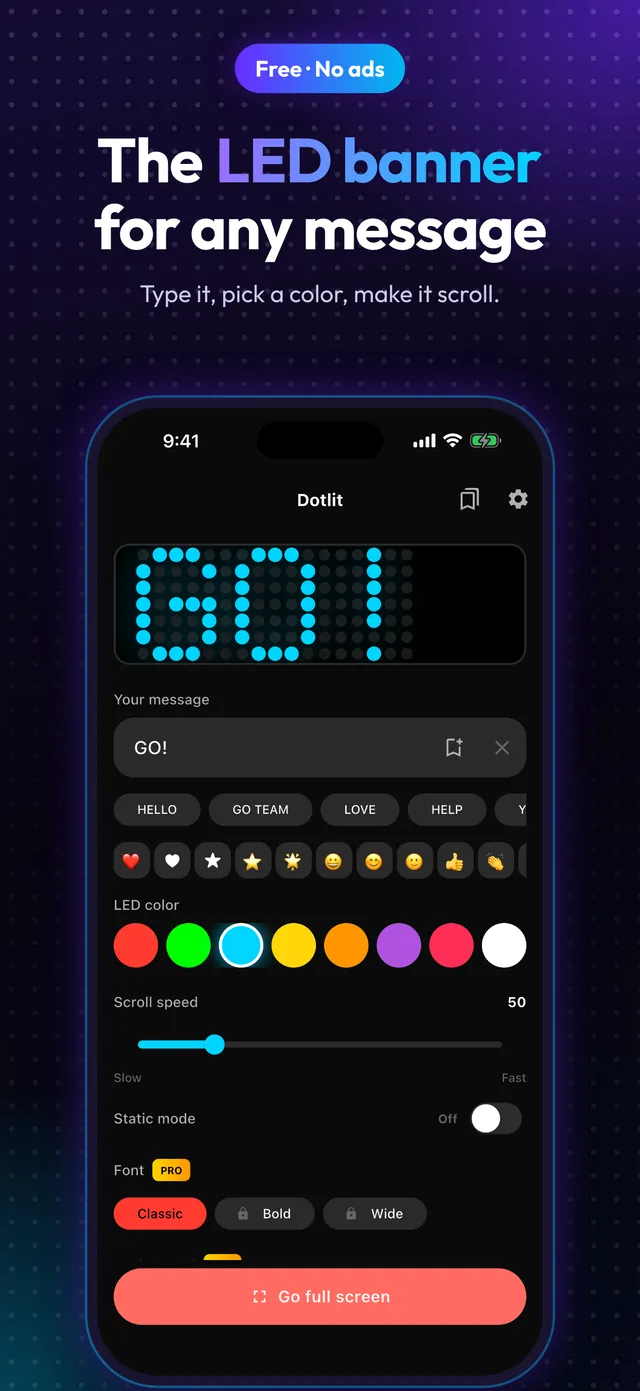 Dotlit editor with an LED message, color picker and speed