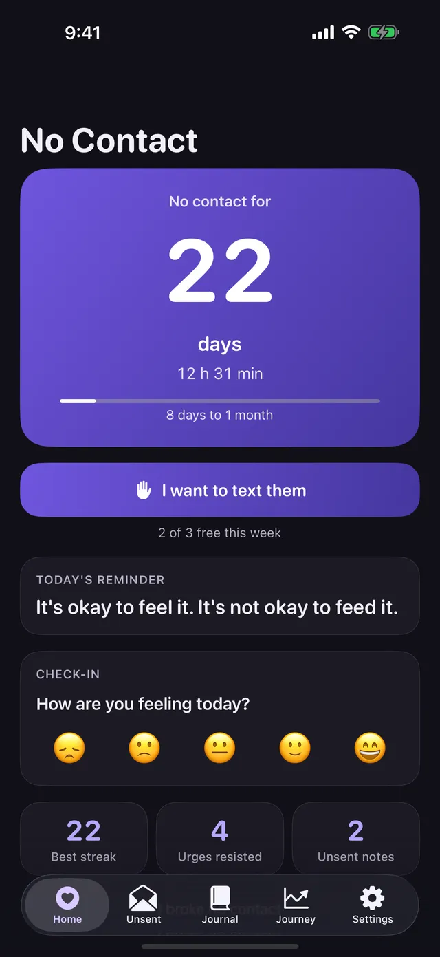 No contact counter at 22 days with milestones and a mood check-in