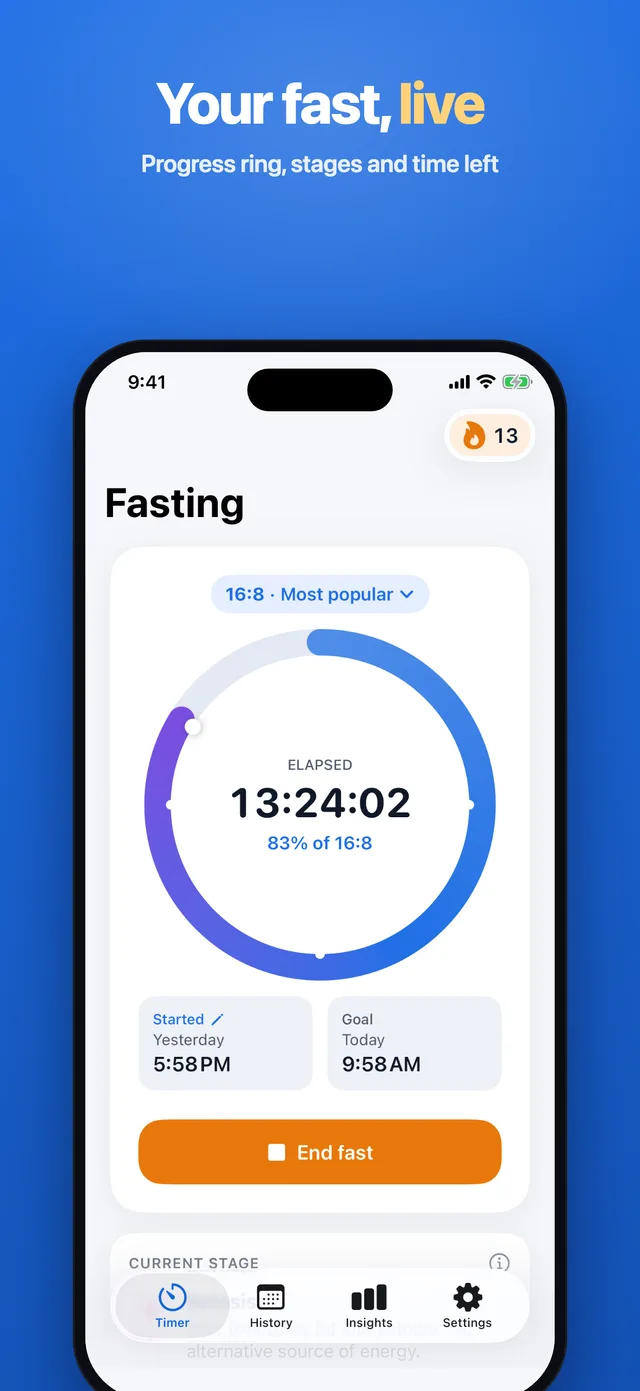 Running 16:8 fast at 13 hours with a progress ring and goal time
