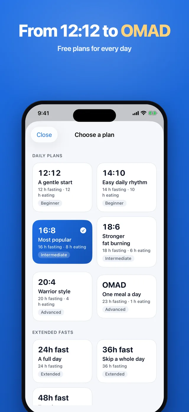 Plan picker with 12:12, 14:10, 16:8, 18:6, 20:4 and OMAD