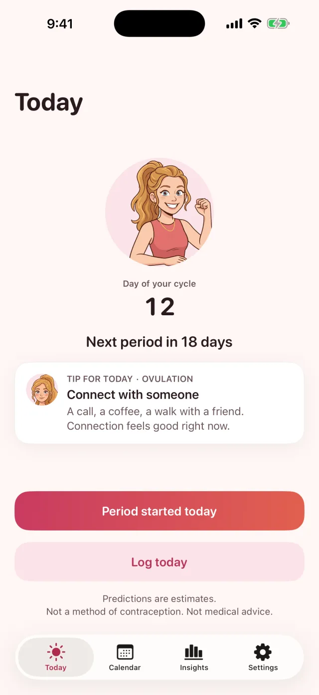 Today screen with day 12 of the cycle and the next period in 18 days