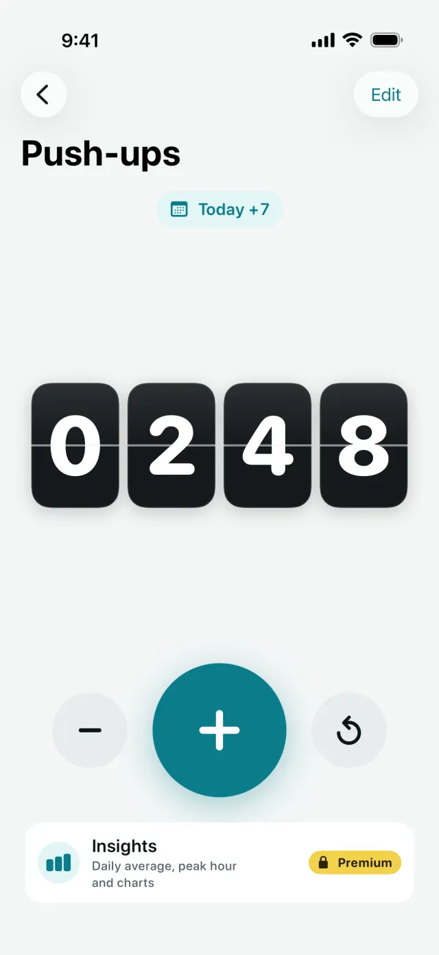 Push-ups counter at 248 with large plus, minus and reset buttons