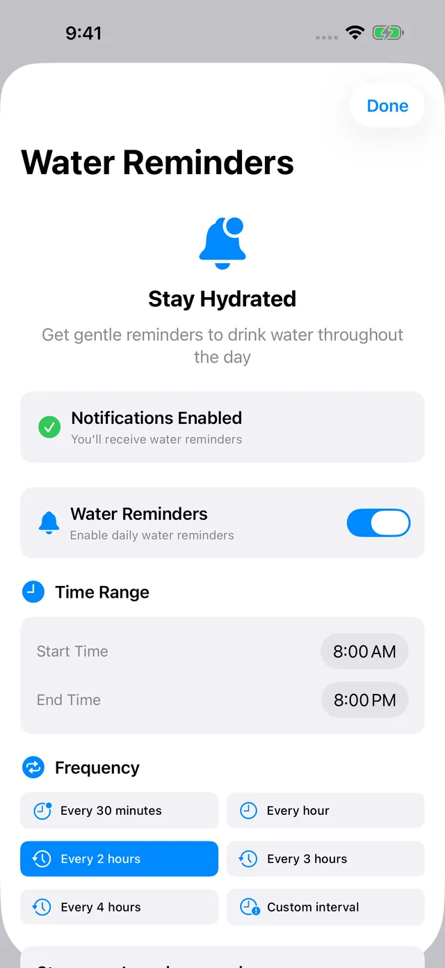 Water reminders with start and end time and frequency