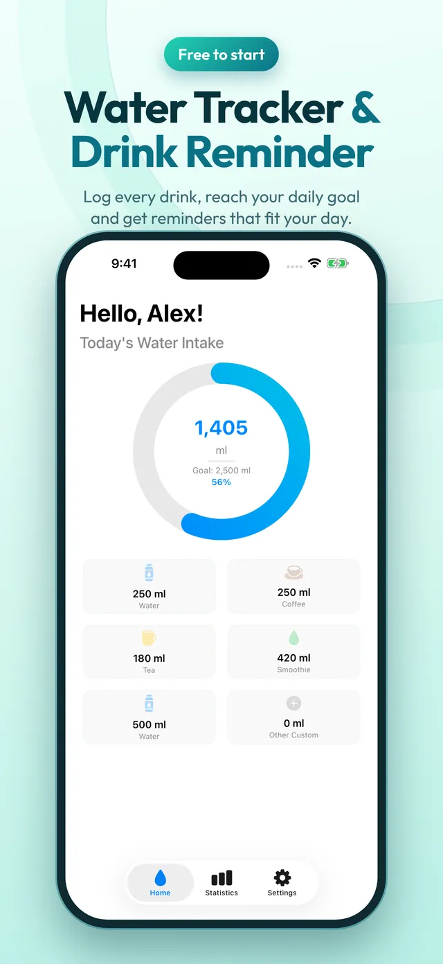 Aquory Today screen with the daily water ring and quick log buttons