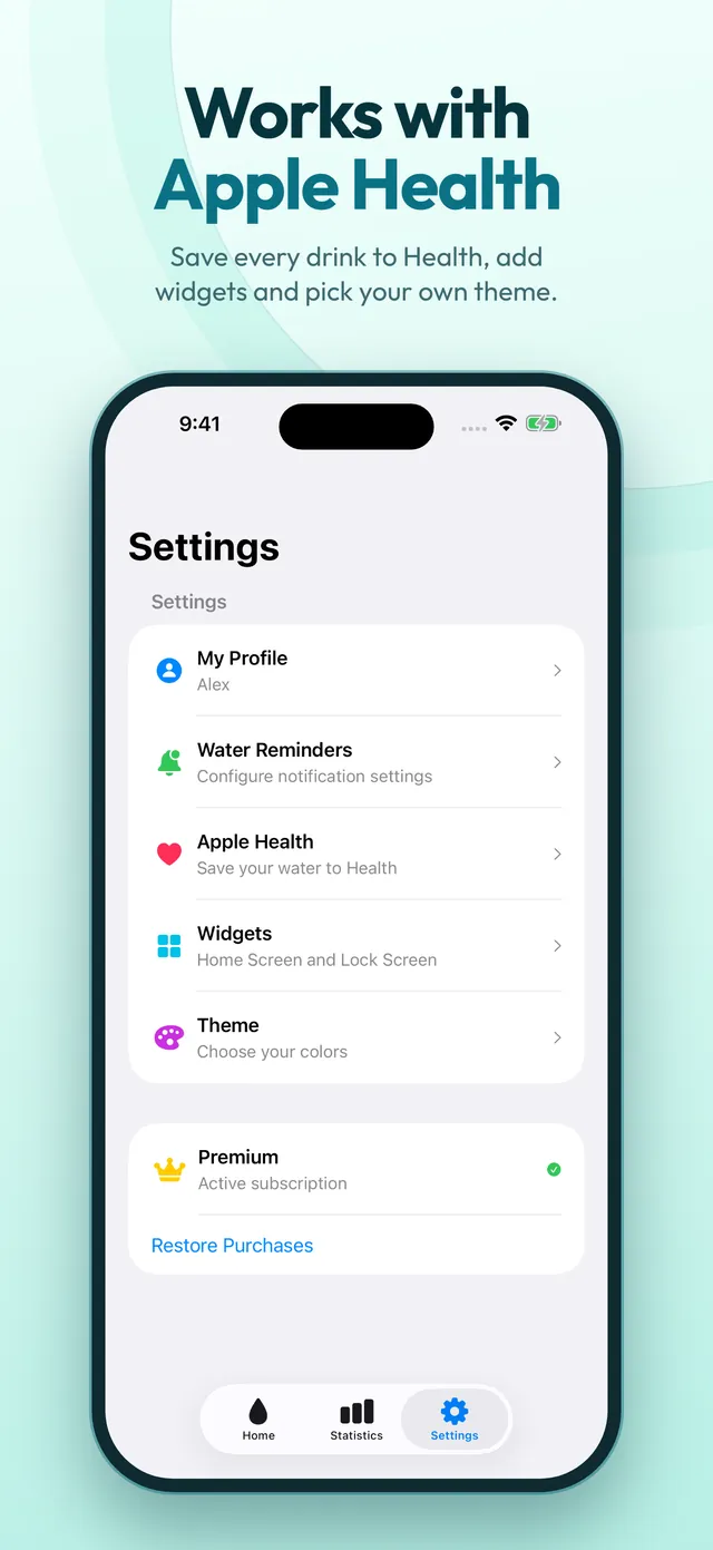 Settings with Apple Health, widgets and themes