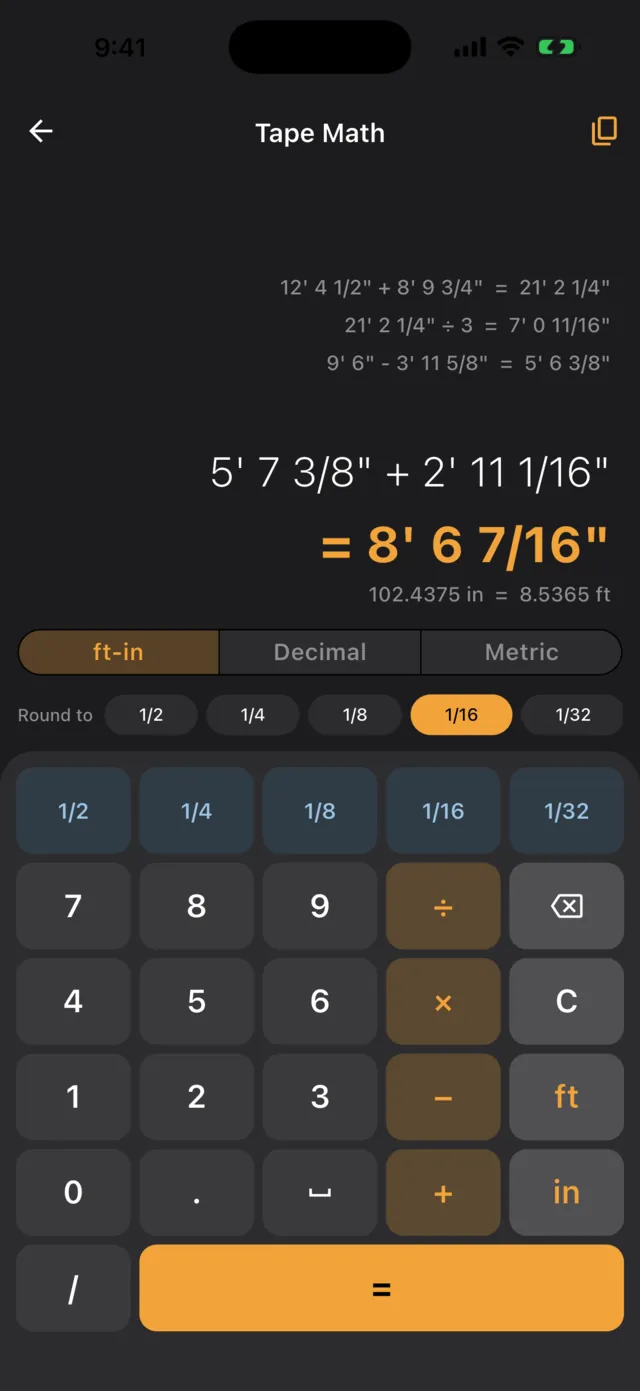 Beavr tape math keypad with the result in feet, inches and fractions