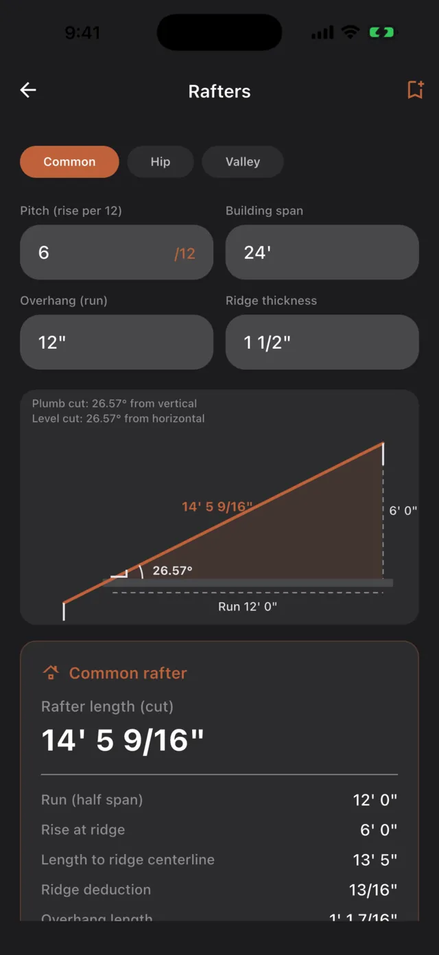 Rafter calculator with a diagram and cut angles