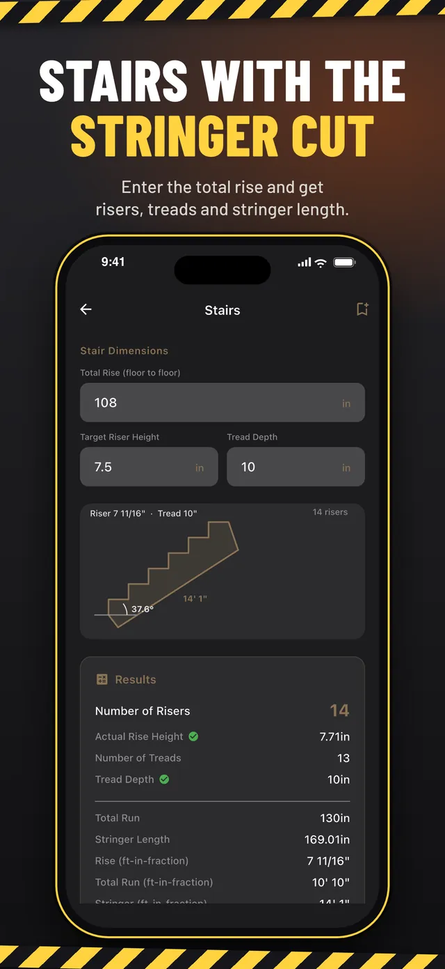 Stairs calculator with risers, treads and a stringer cut diagram
