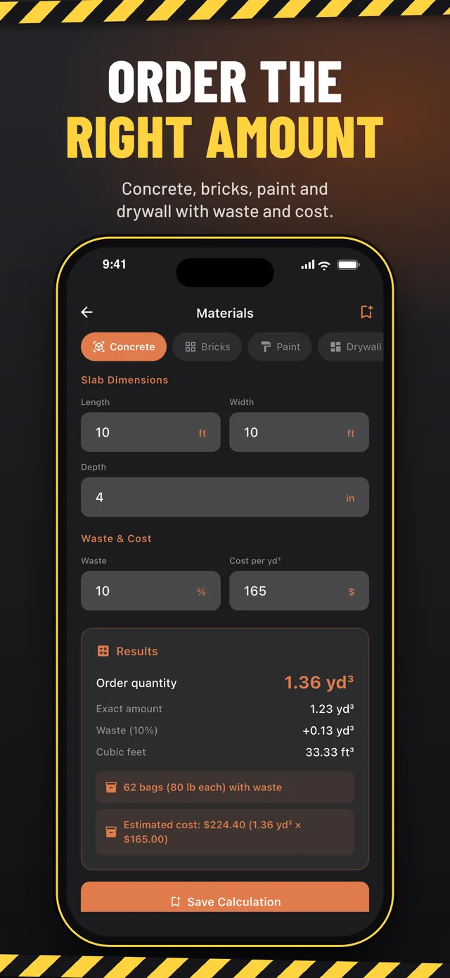 Materials calculator with order quantity and estimated cost