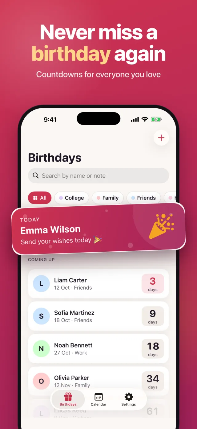 Birthday list with the next birthday highlighted and days left for each person