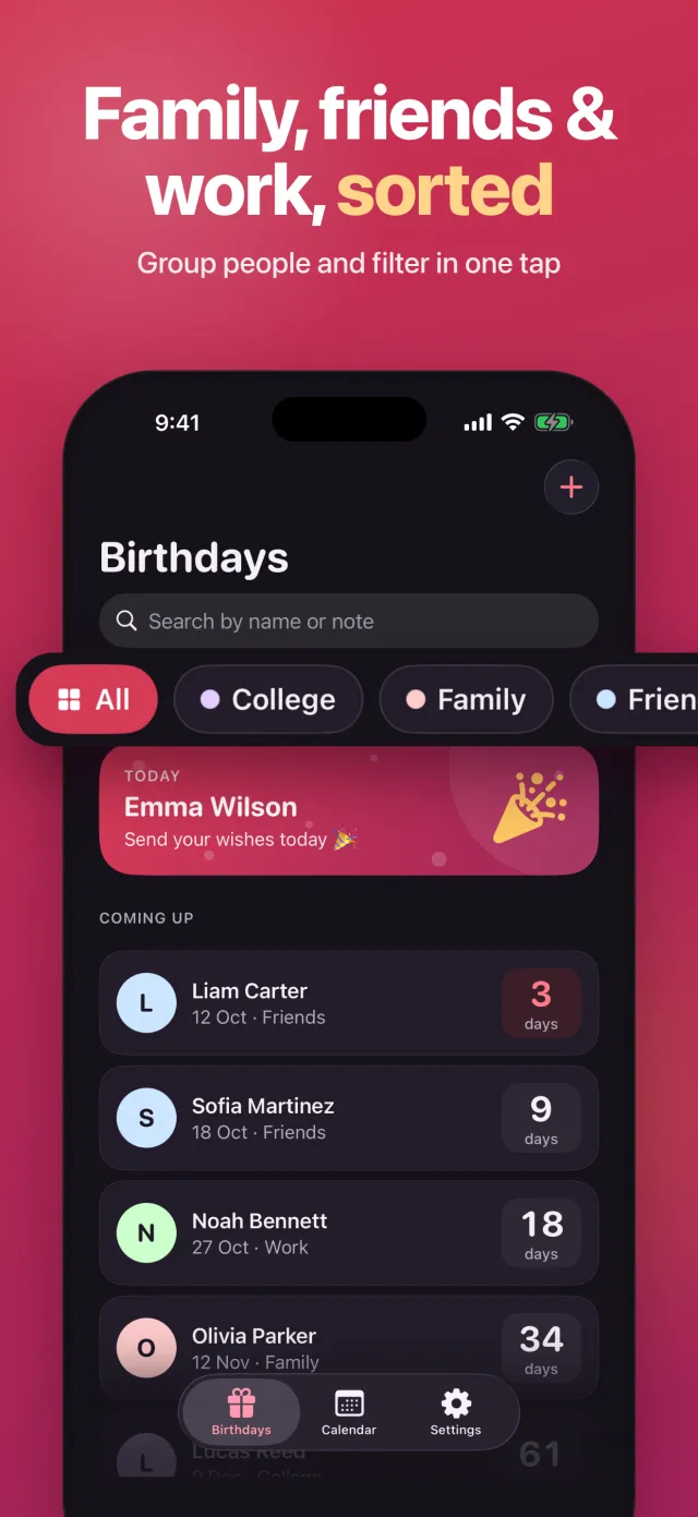 Birthday list in dark mode filtered by group: family, friends and work