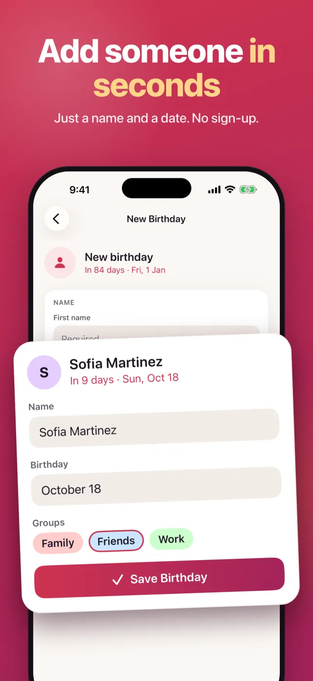 Form to add a new birthday with name, date and groups