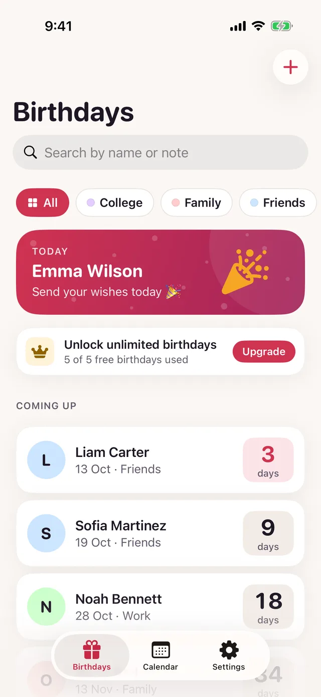 Birthday list with today's birthday at the top and days left for everyone else