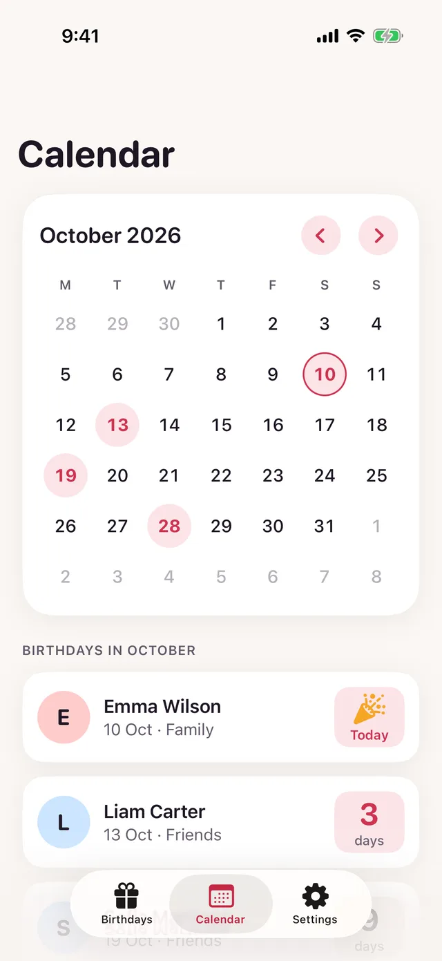 Monthly calendar with every birthday of the month marked