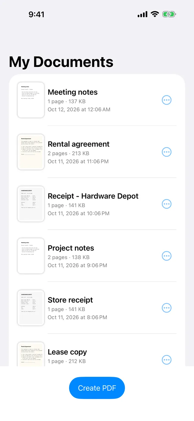Pagemint My Documents list with a Create PDF button
