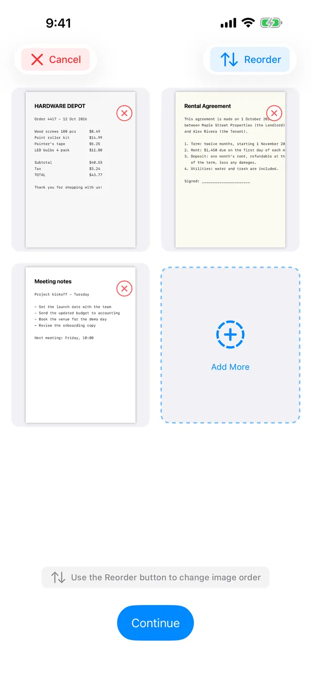 Reorder, remove and add pages before saving the PDF