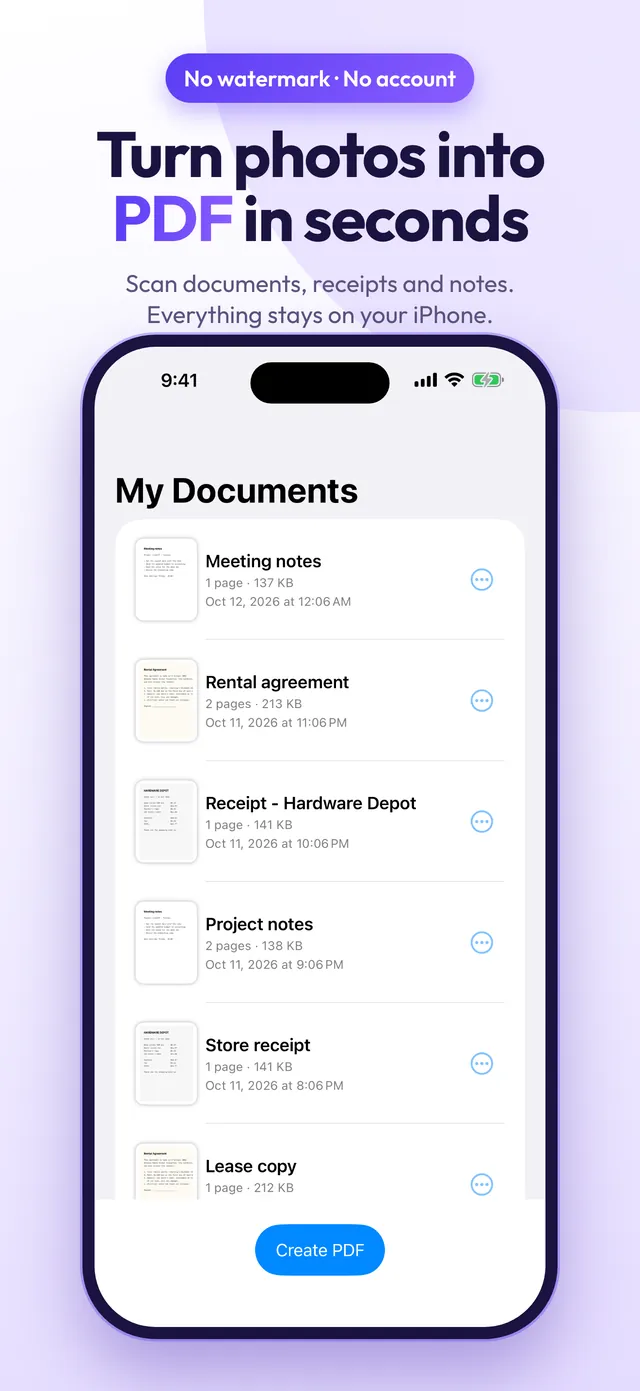 My Documents list in Pagemint with a Create PDF button