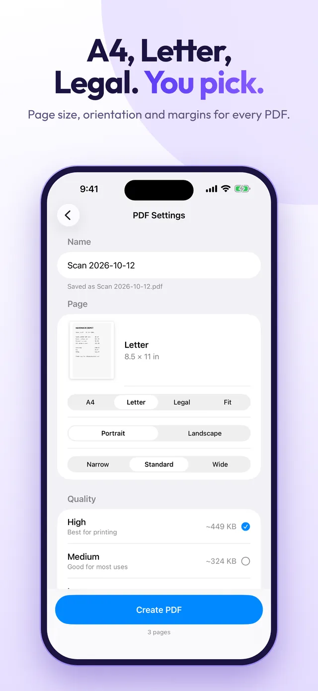 PDF settings with page size, orientation and margins