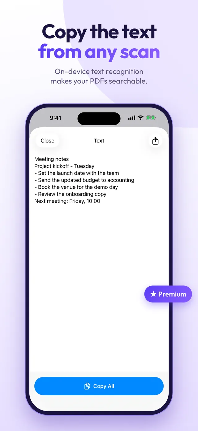 Copy the text from a scanned page with on-device recognition