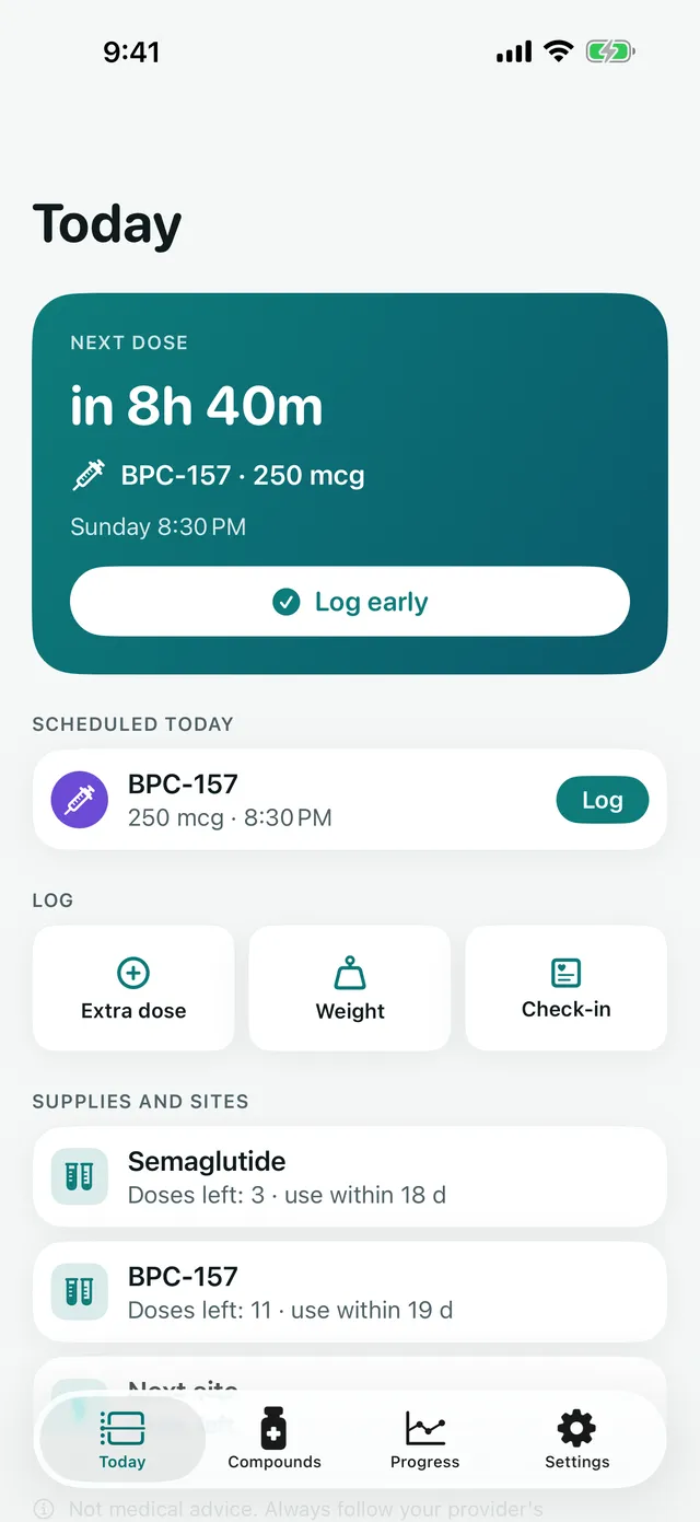 Pepvia Today screen with the next dose and a Log button