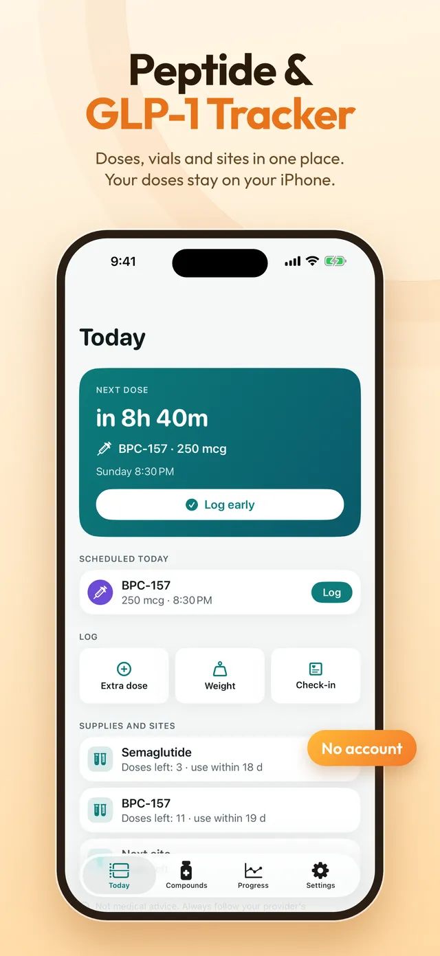 Pepvia Today screen with the next dose, scheduled doses and supplies