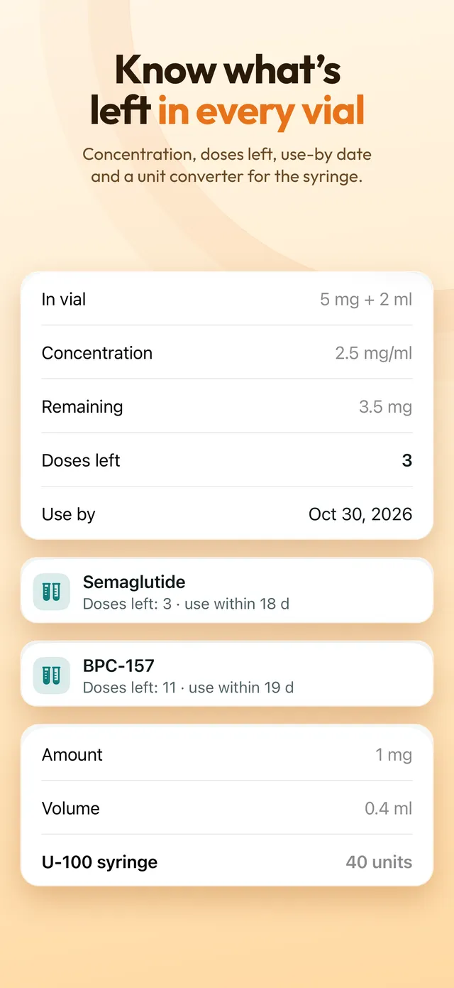 Vial details with concentration, doses left and a unit converter
